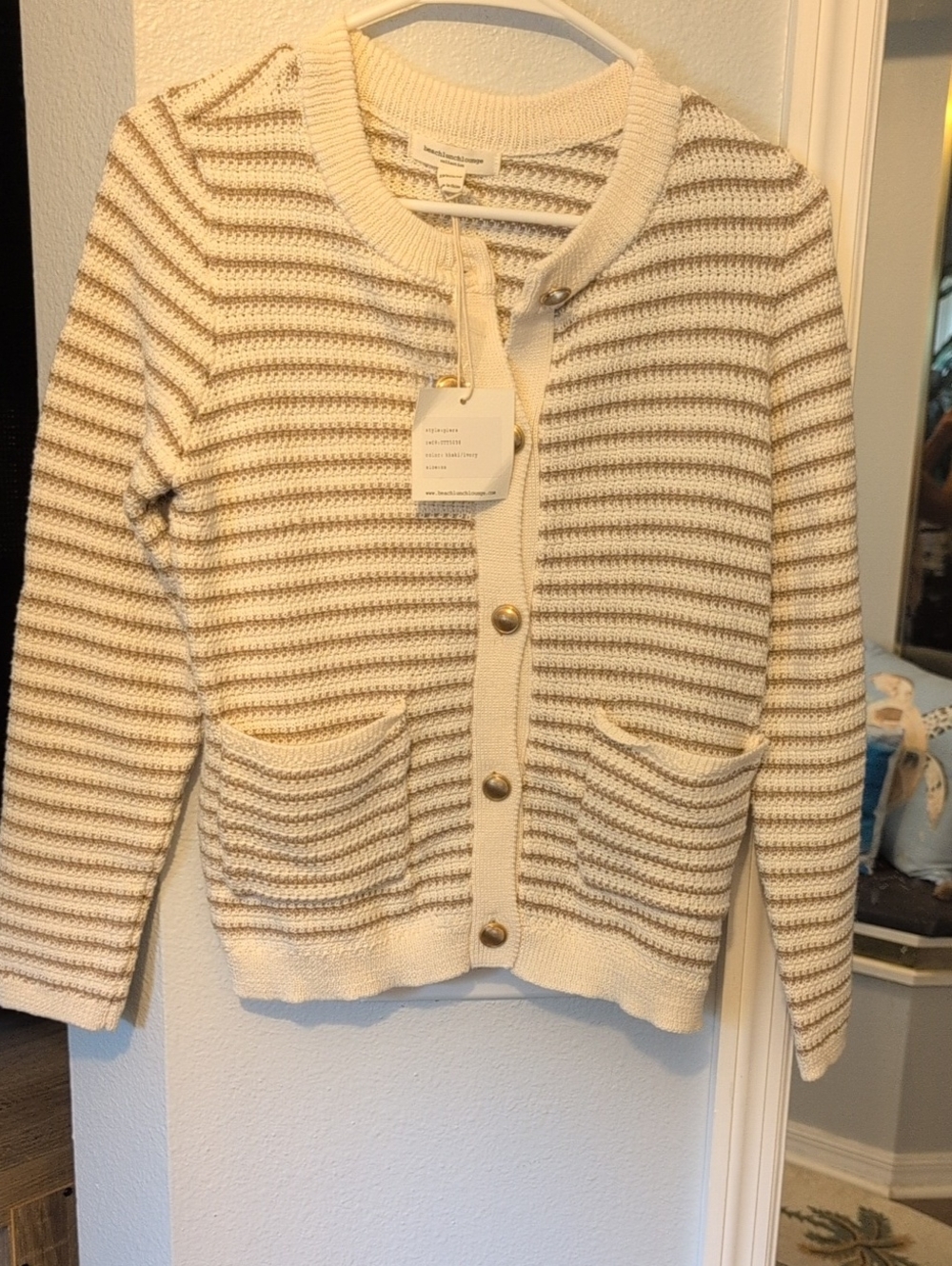beachlunchlounge Cream and Tan Striped Cardigan with Gold Buttons Brand New